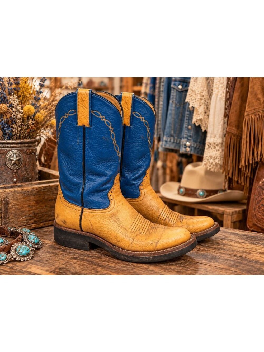 Vintage Honcho Mens 11 D Western Exotic Blue Brown Embroidered Leather Boots